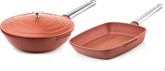 Westinghouse Pannenset Performance (Wokpan + Grillpan) ø 28 Cm - Rood - Inductie En Alle Andere Warmtebronnen 3 Westinghouse Pannenset Performance (Wokpan + Grillpan) ø 28 Cm - Rood - Inductie En Alle Andere Warmtebronnen