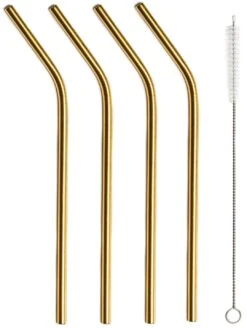 Sareva Herbruikbare Rietjes - Met Borstel - Goud - Gebogen - 4 Stuks -Cuisine Et Table Sareva Rietjes gebogen goud 1